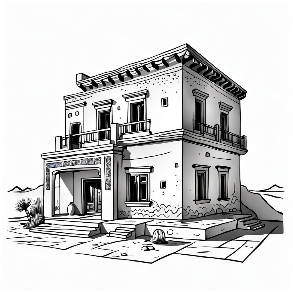 Pueblo House Black Line Outline Illustration