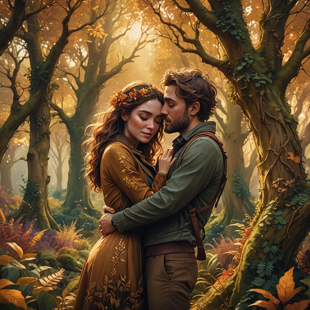 Fantasy Couple Embrace in Autumnal Cotswolds Forest