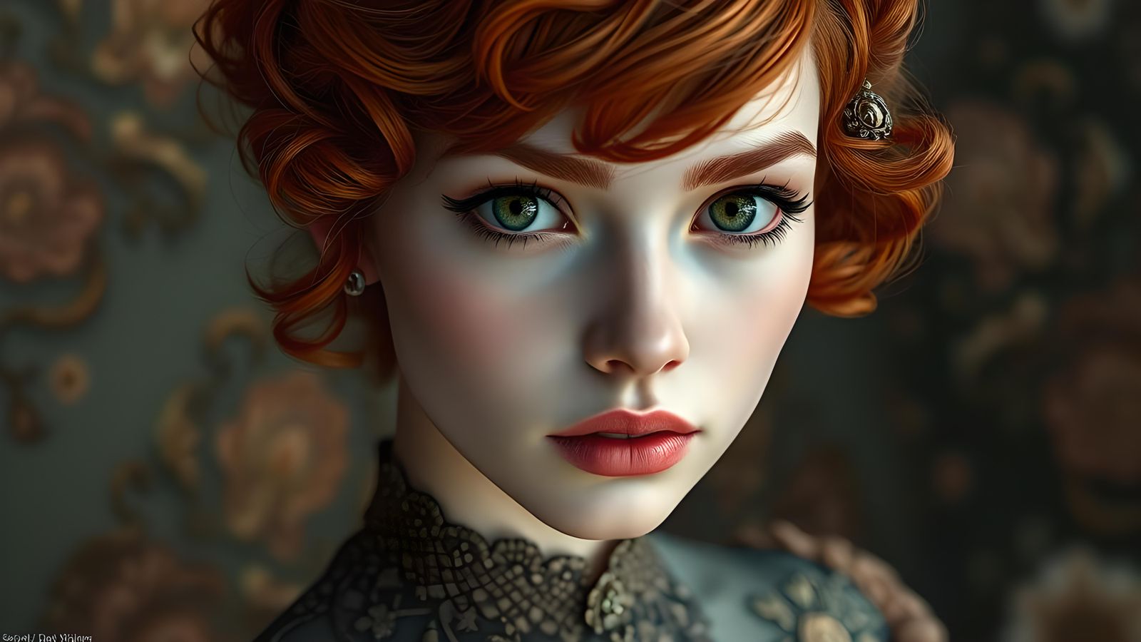 Detailed Portrait of Woman in Floral Gown