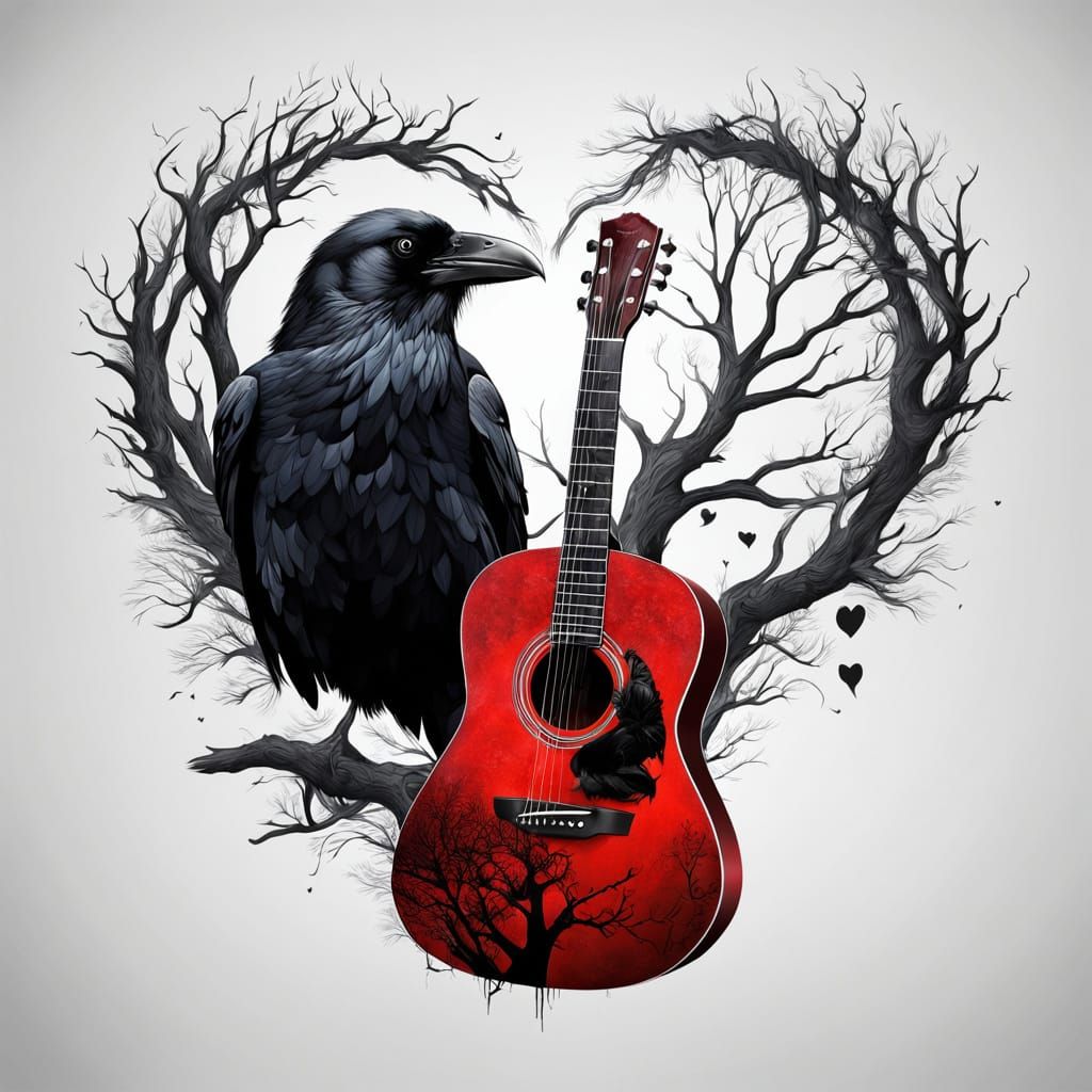 Acoustic Guitar Double Exposure with Tree, Heart & Raven