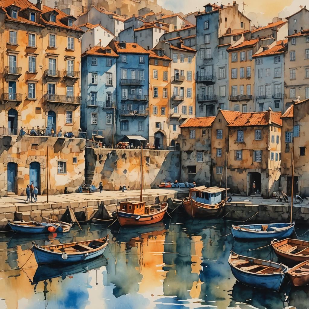 Porto Portugal Waterfront in Watercolor Style