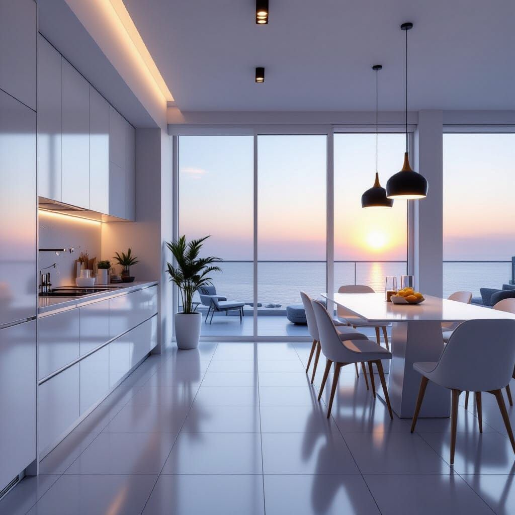 Modern Italian Kitchen on 13th Floor with Sea Sunrise View