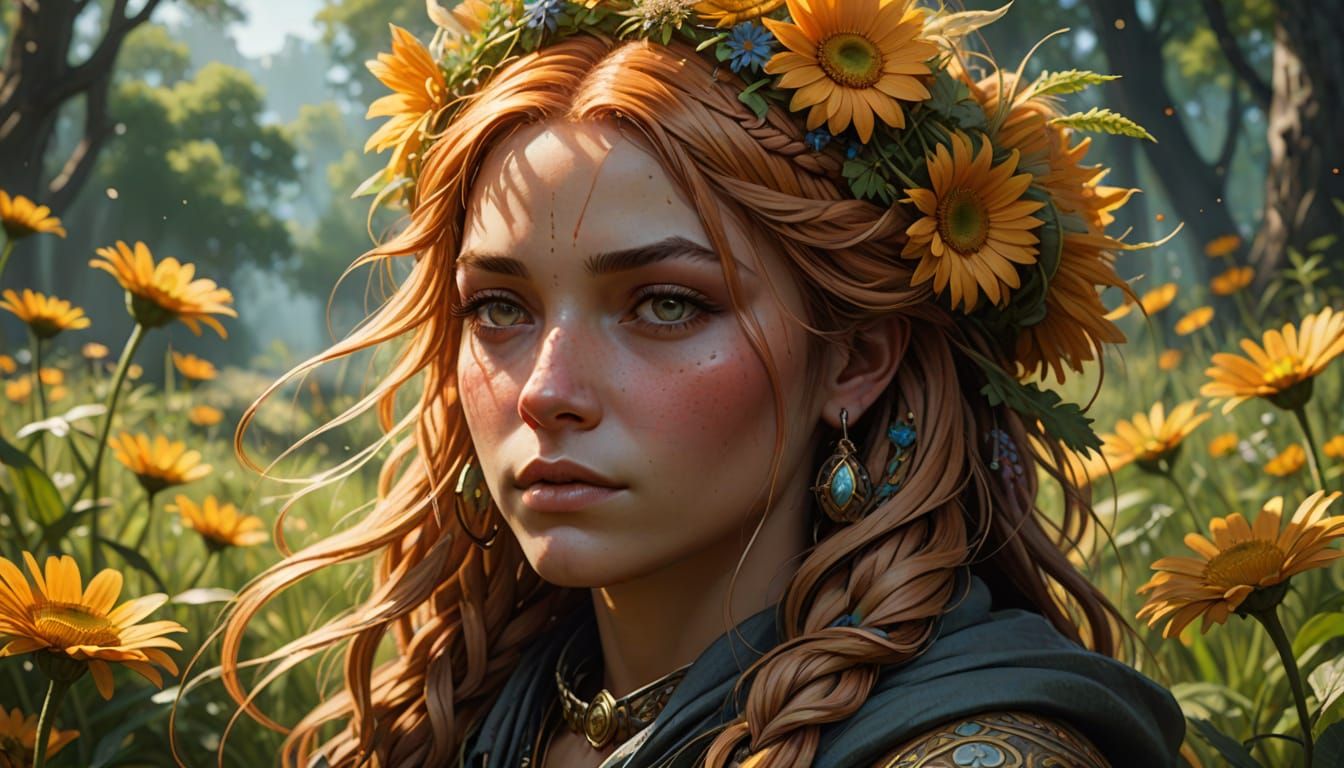 Hippie Girl Portrait in a Sunny Meadow, Splash Art Style