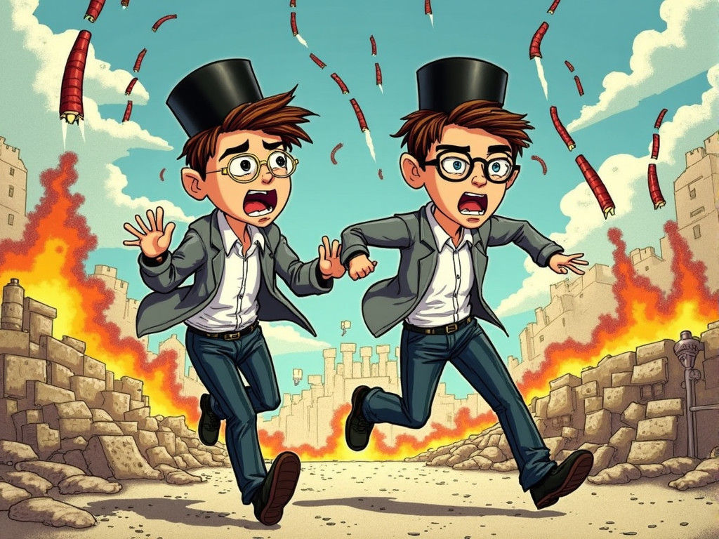 Cartoon Yeshiva Students Fleeing Jerusalem Mayhem