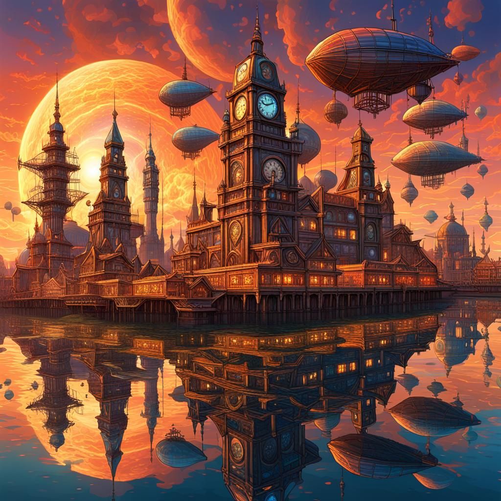 Steampunk Sunset: Airships Over Skyward Spires