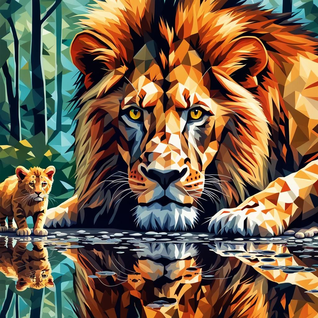 Very detailed lion drinking water and sees a little kitten i...