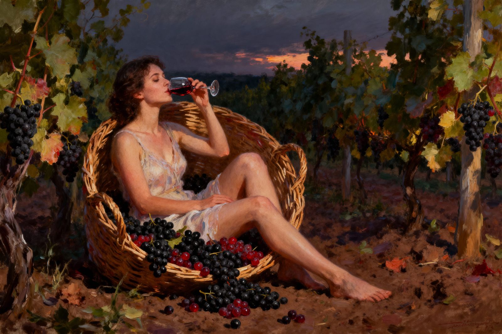 Woman Enjoys Wine in Vineyard at Dusk