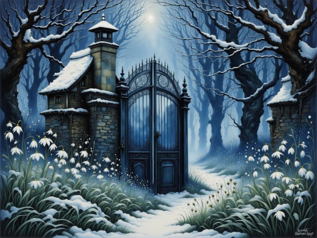 Whispers of Winter: Snowdrops Emerge through Frosty Gates in...