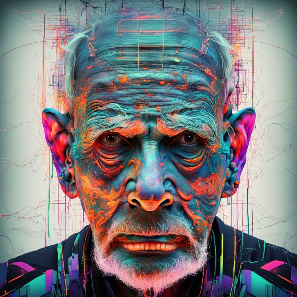 Glitch Portrait of a Futuristic Elder in Neon Hues