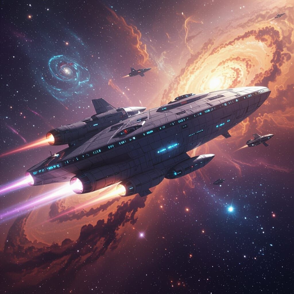 Spaceship Travels Through Galactic Nebula in Mixed Media