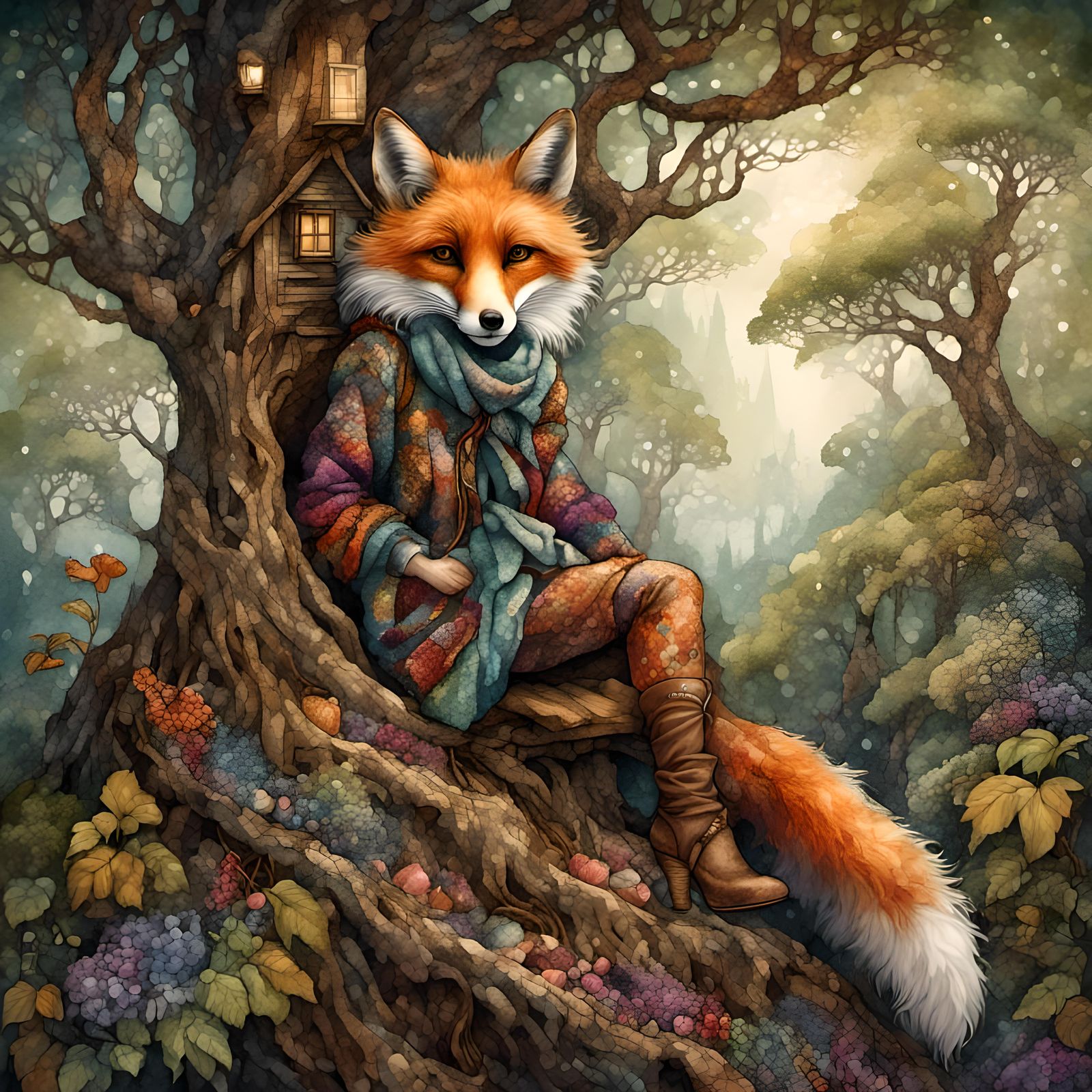 Tapestry of Fox, Woman, and Treehouse