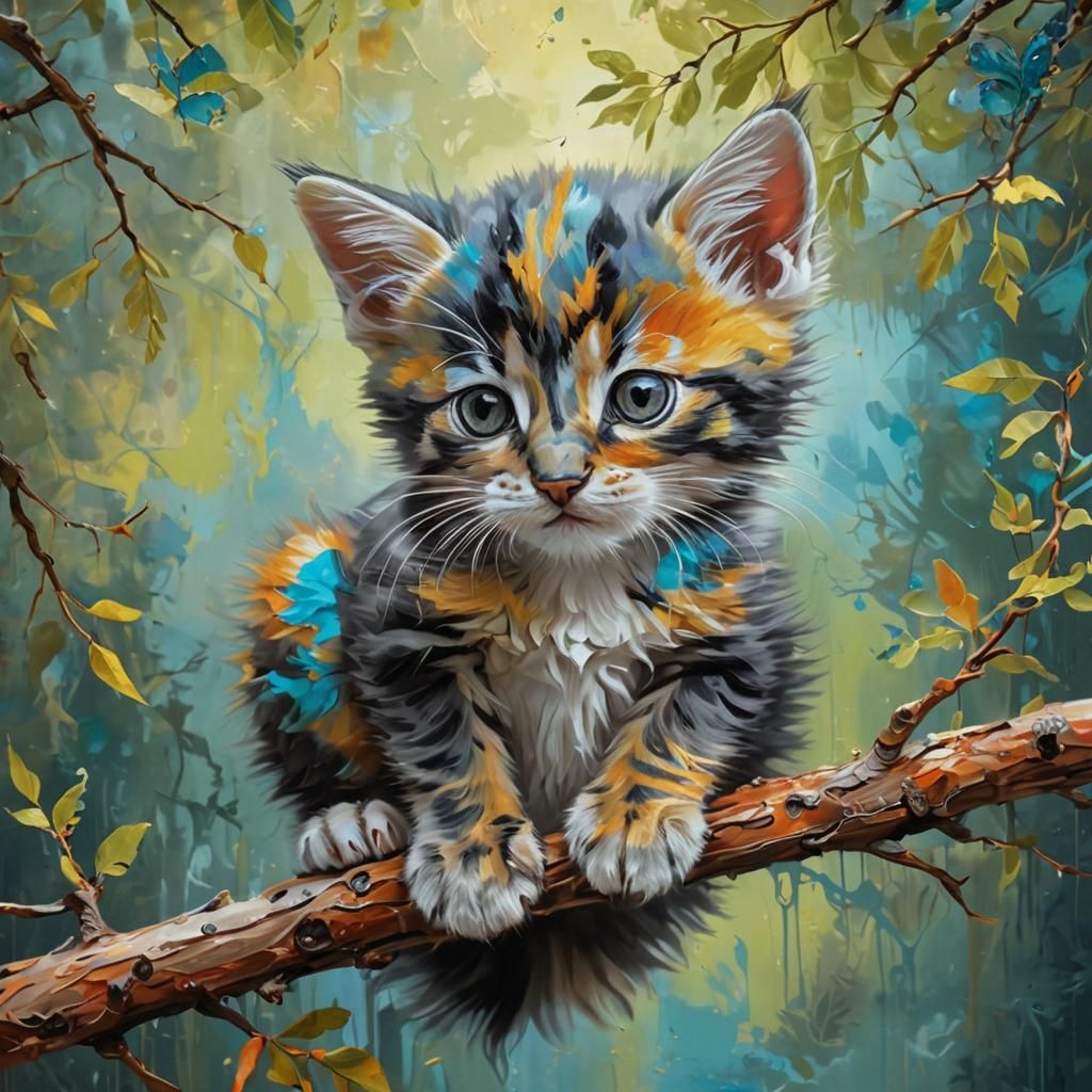 Colorful Kitten on Branch - Triadic Color Painting