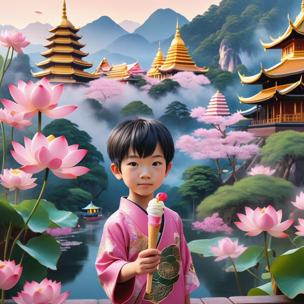 Japanese Boy with Lotus Ice Cream, Anime Art