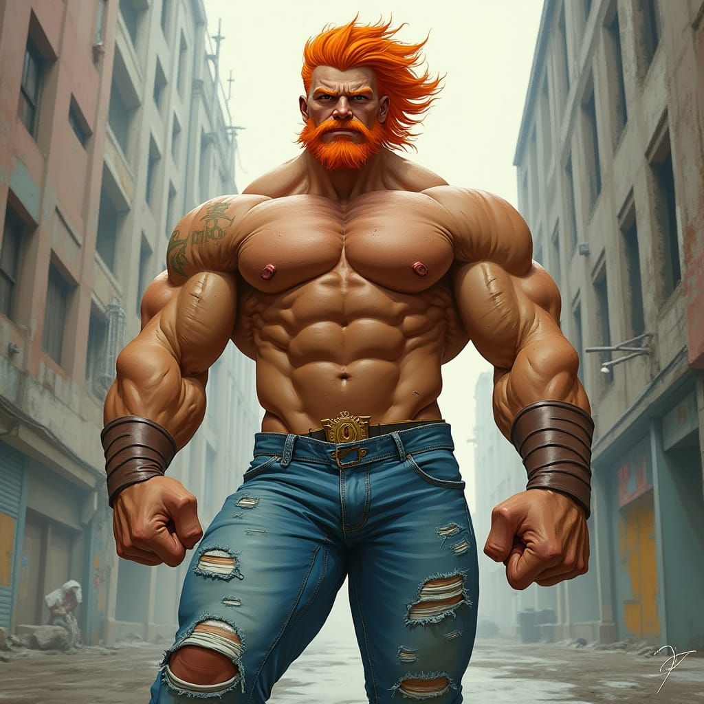 Confident Urban Hero with Vibrant Orange Hair