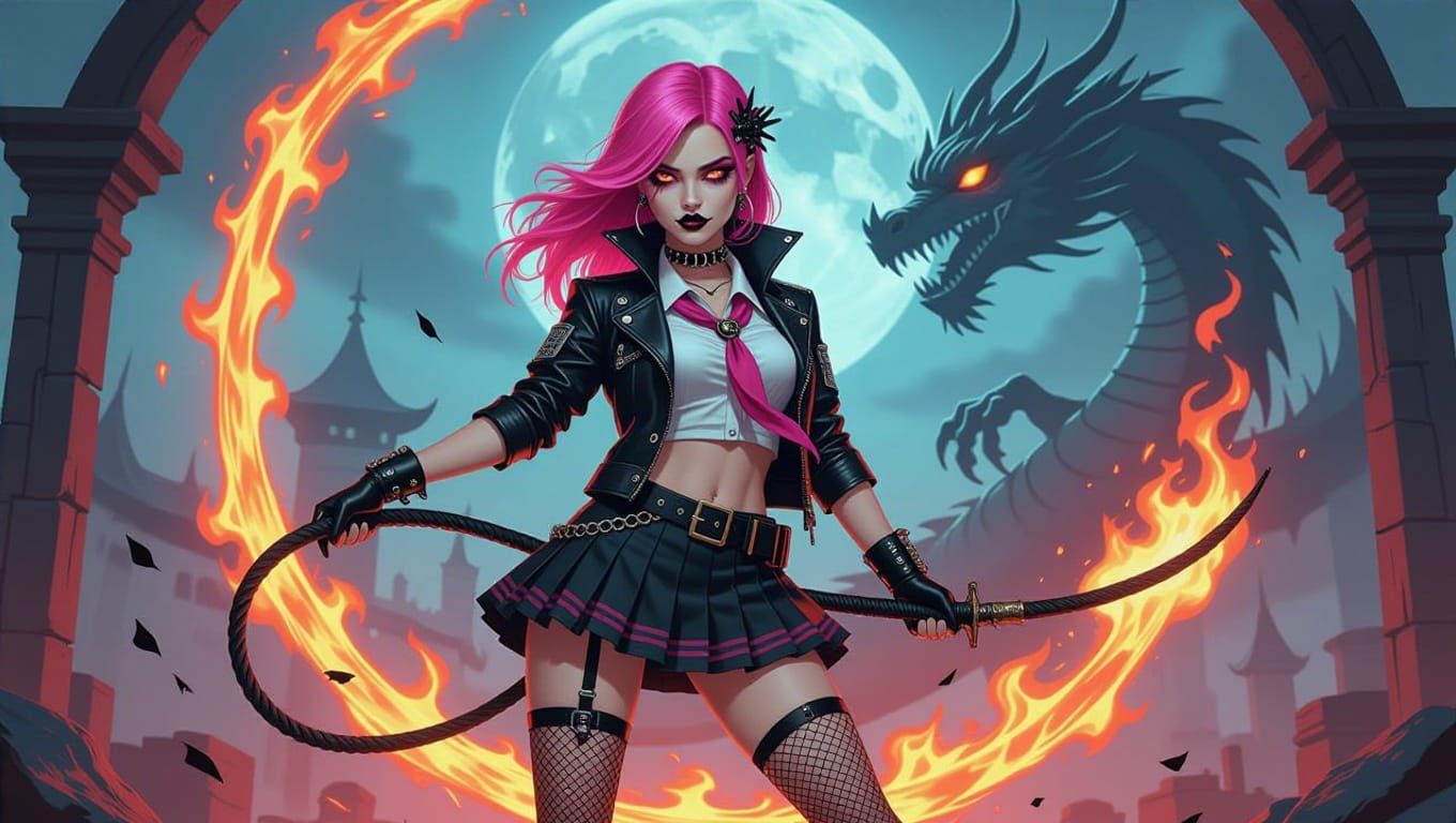 Gothic Schoolgirl with Flaming Whip in Cyberpunk Style