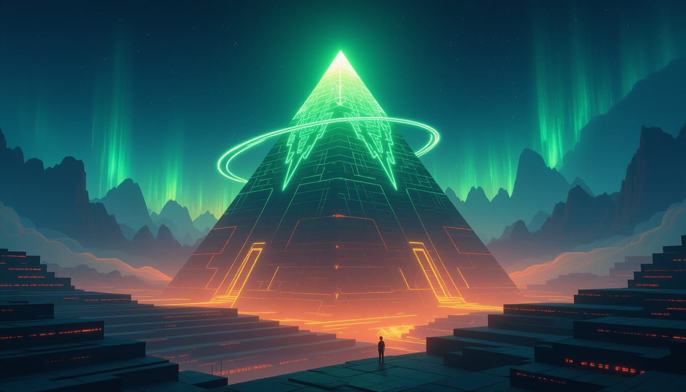 Floating Aurora Spire Pyramid Above Glowing Plains