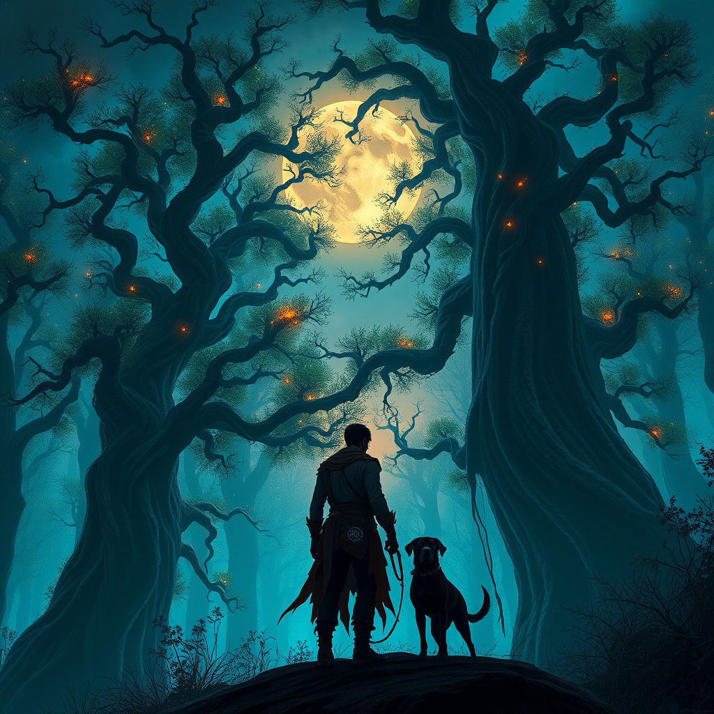 Mystical Forest: Man and Dog Silhouette in Digital Art
