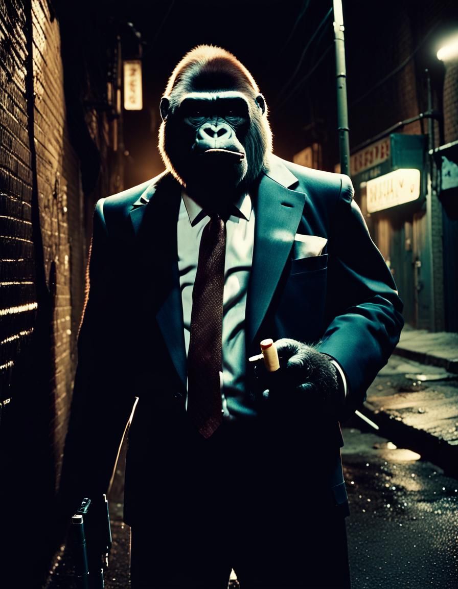 Film Noir Gorilla Gangster in Dimly Lit Alleyway