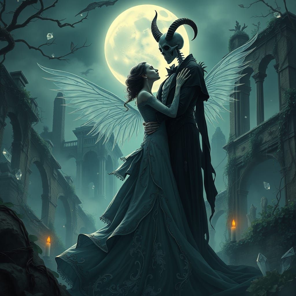 Gothic Embrace: Skeletal Figure in Moonlit Dreamscape