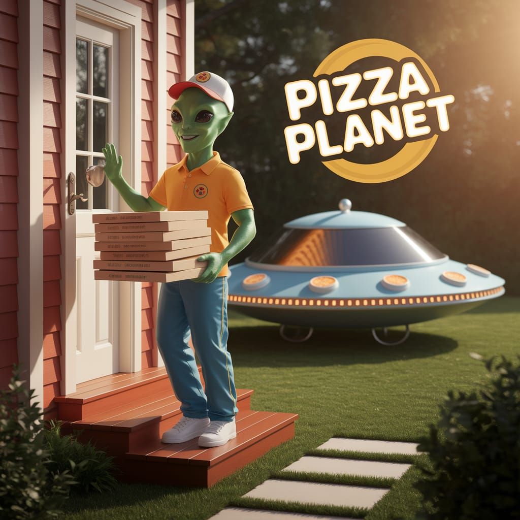 Smiling Alien Pizza Delivery on Earth