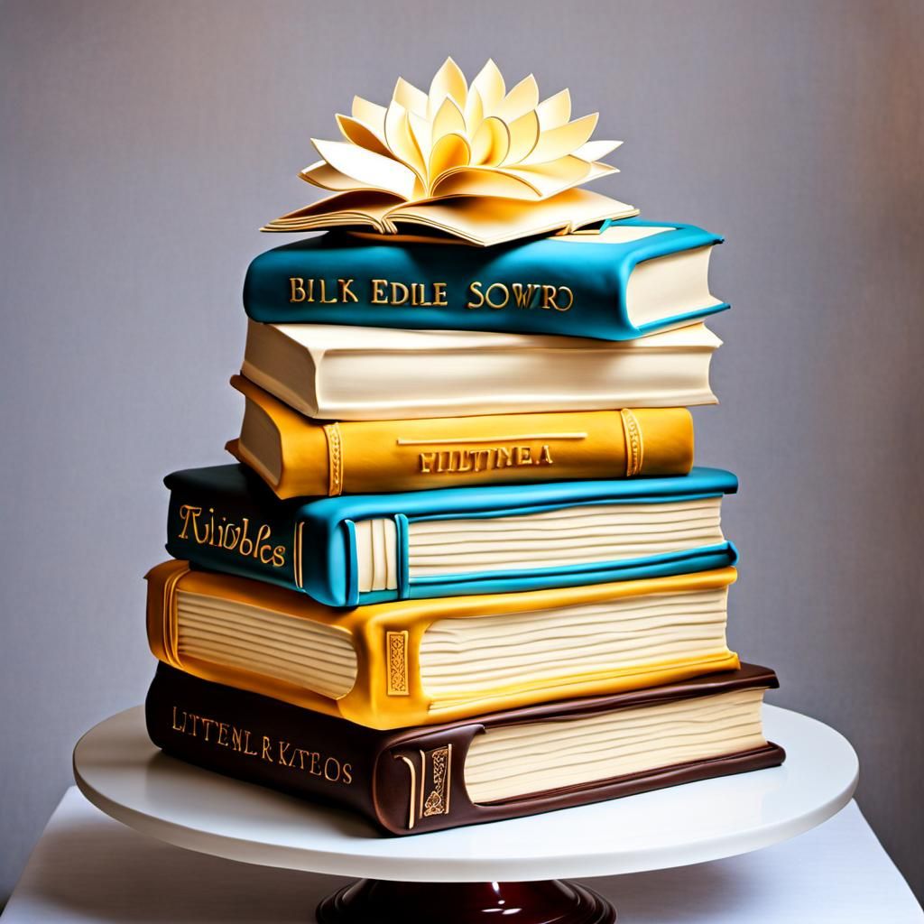 Literary Cake Sculpture Bathed in Divine Light