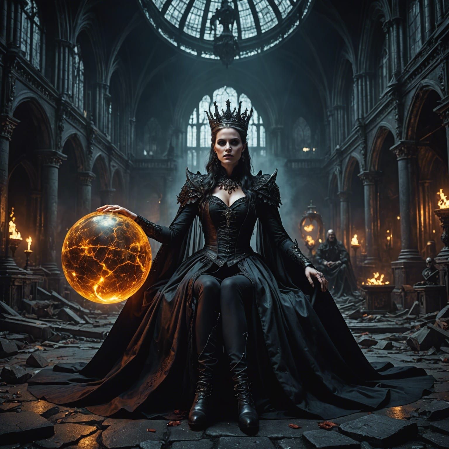 Gothic Queen Conjures Magic Orb on Throne