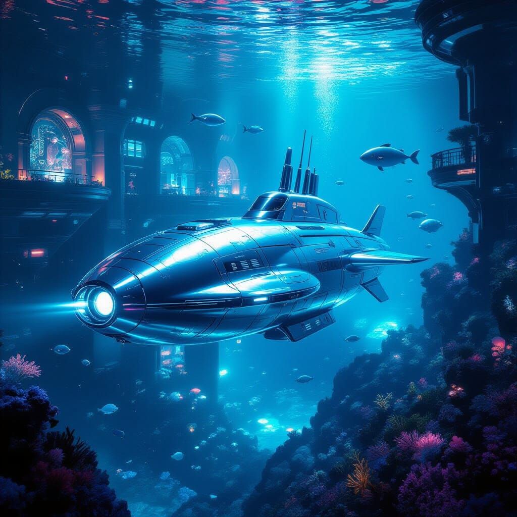 Futuristic Submarine Exploring Bioluminescent Underwater Cit...