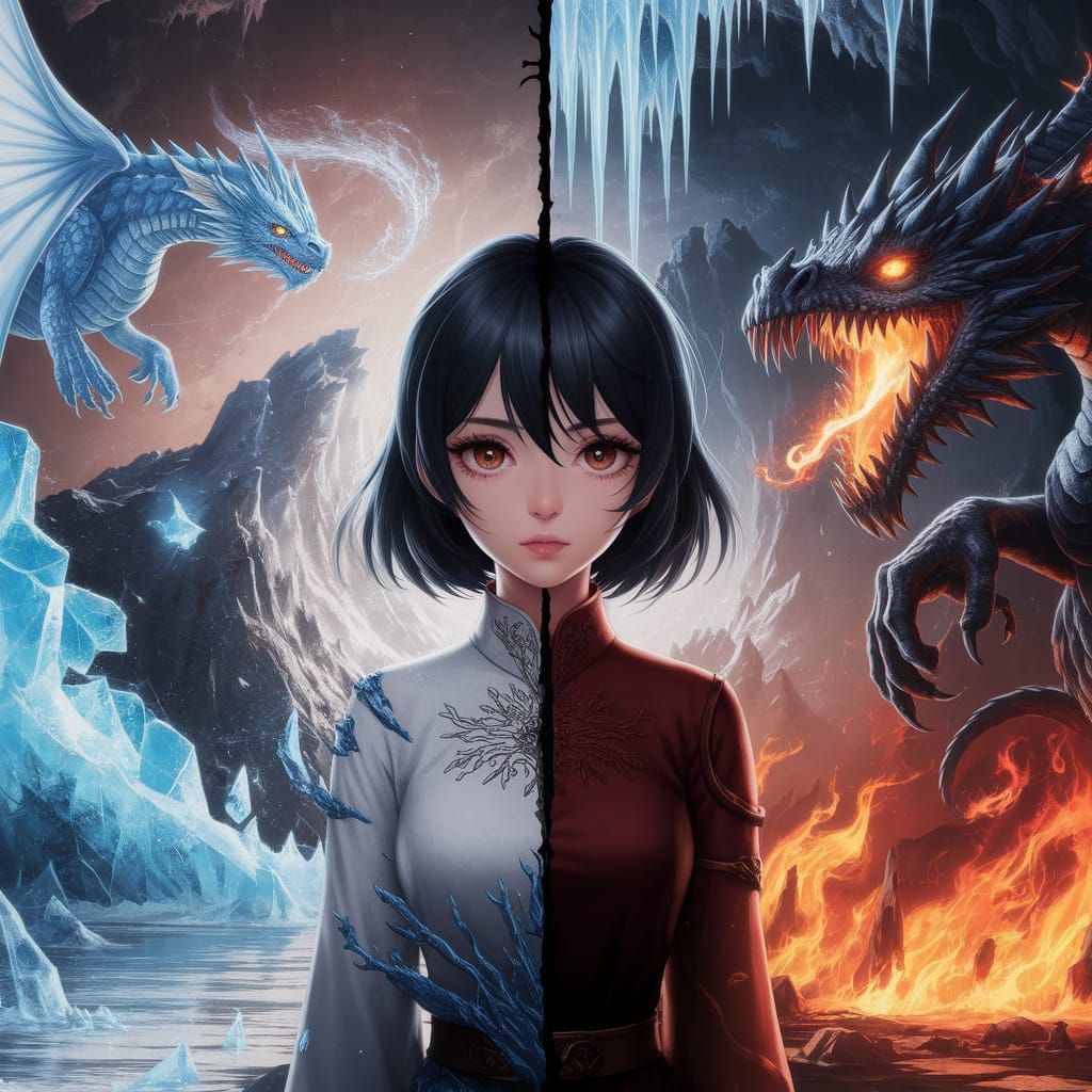 Anime Woman Between Ice and Fire Realms with Dragons