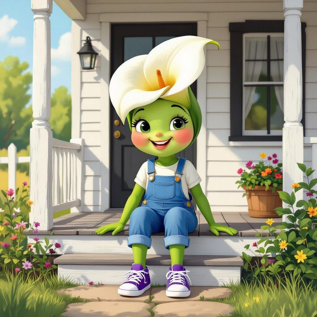 Cartoon Lily With Calla Lily Head on Farmhouse Porch