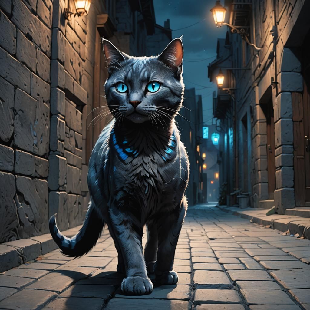 Mystical Blue-Gray Cat with Glowing Eyes