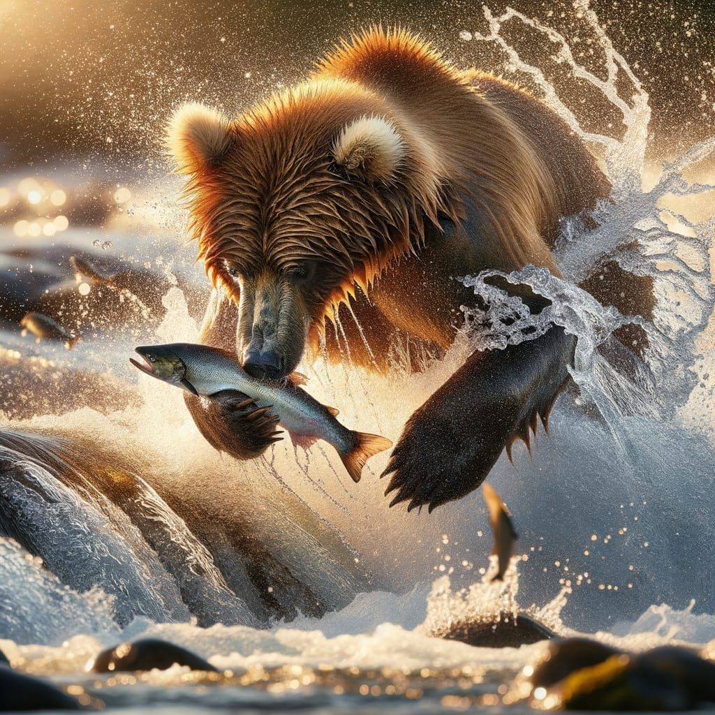 Grizzly Bear Fishing for Salmon in Stream