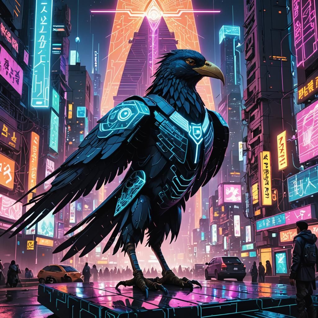 Cyberpunk Thoth Near Glowing Pyramid in Advanced City