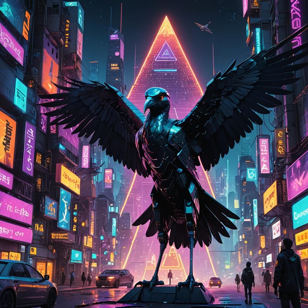 Cyberpunk Thoth: Ibis God in Futuristic Cityscape