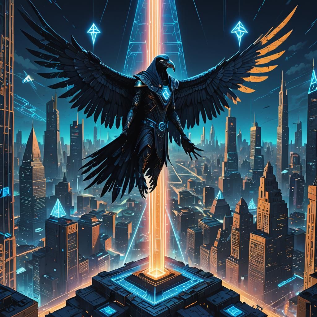 Cyberpunk Thoth in Futuristic Cityscape with Pyramid