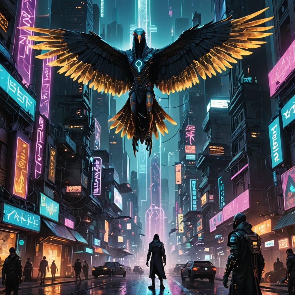 Cyberpunk Thoth in Futuristic Cityscape