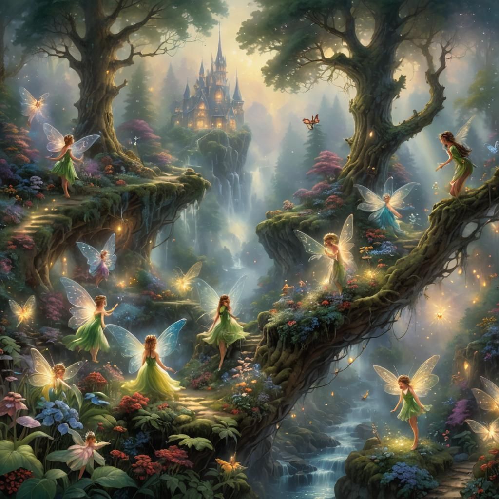 Ethereal Forest Fairies in a Thomas Kinkade Style