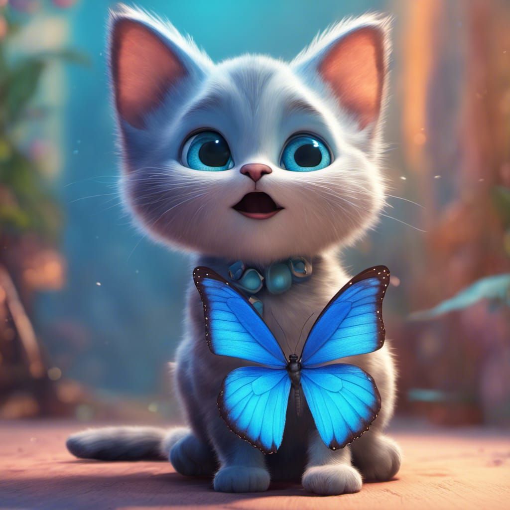 Blue Butterfly on Kitten Nose: 3D Digital Art