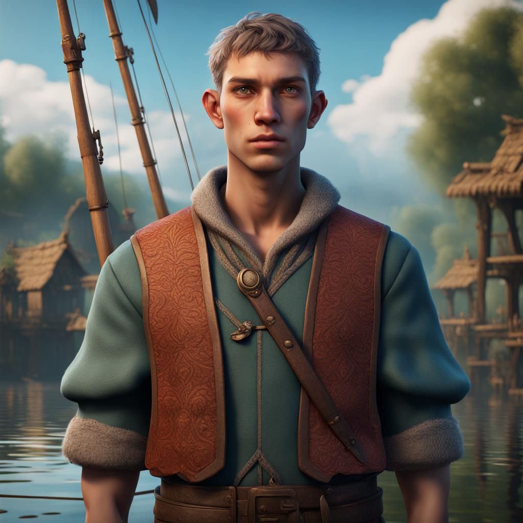 Fantasy Fisherman Portrait in Detailed Digital Painting Styl...