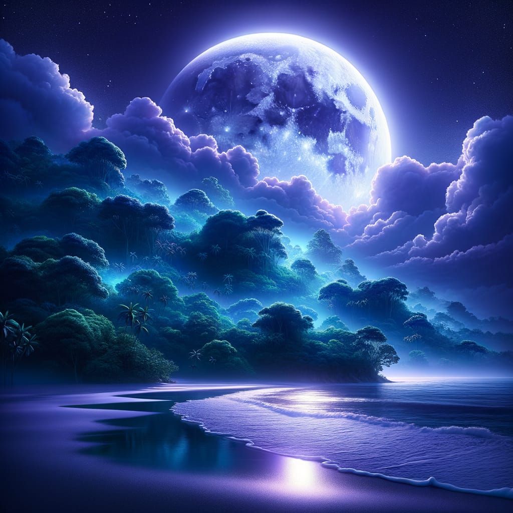 Moonlit Jungle Beach Under Violet Night Sky