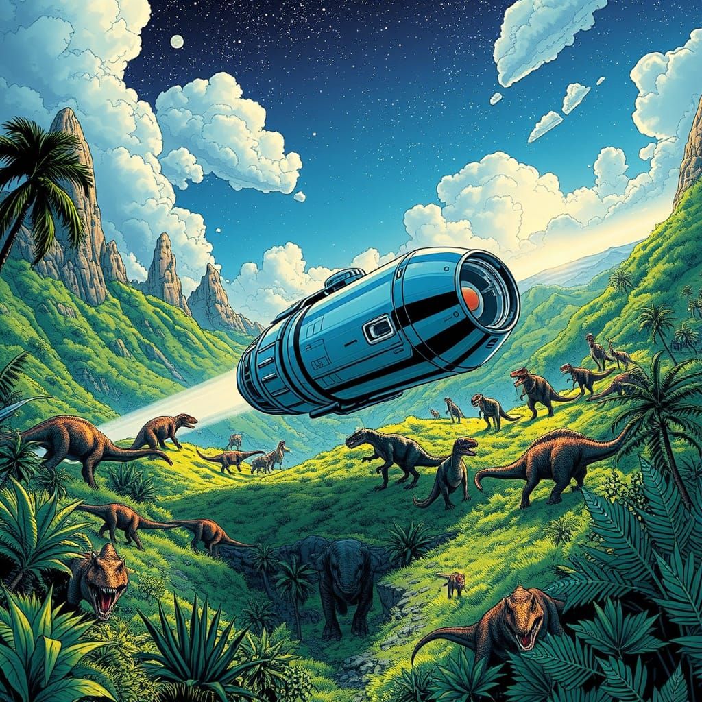 Time Machine in Prehistoric Valley: Comic Book Art