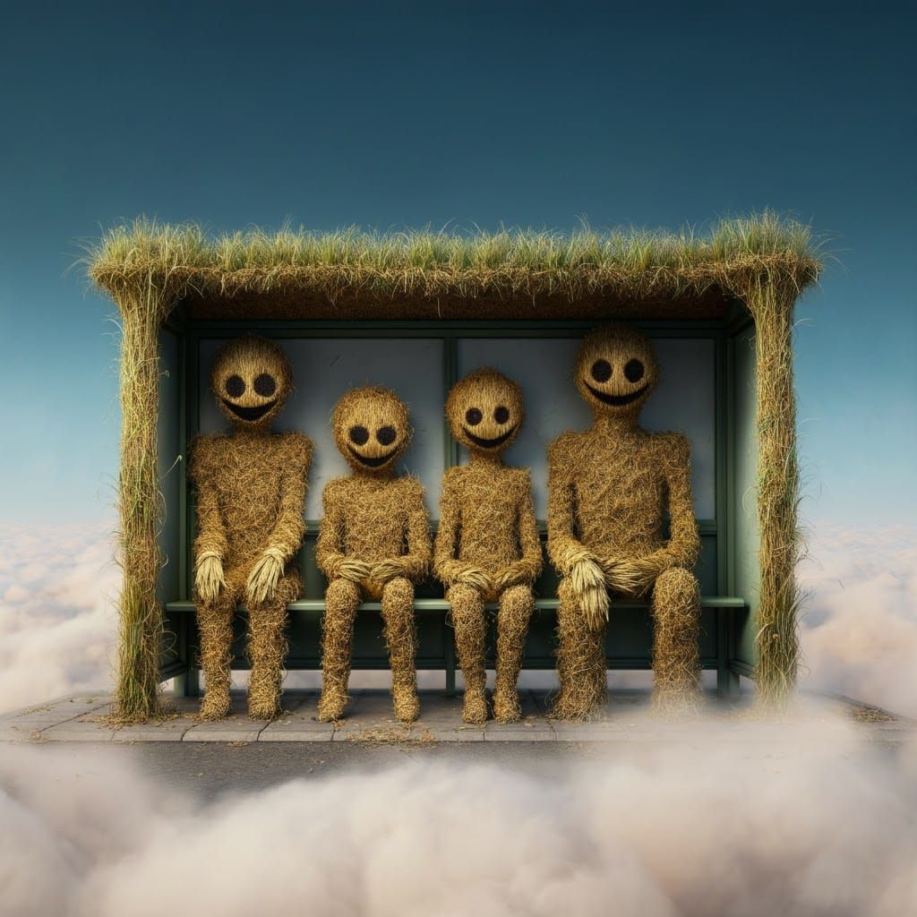 Straw Humanoids at a Bus Stop in Clouds