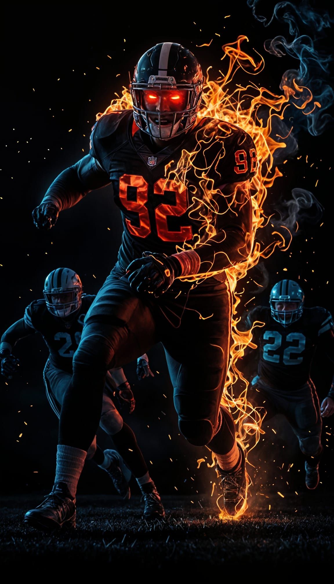 Hyperrealistic Football Player Charging with Flames
