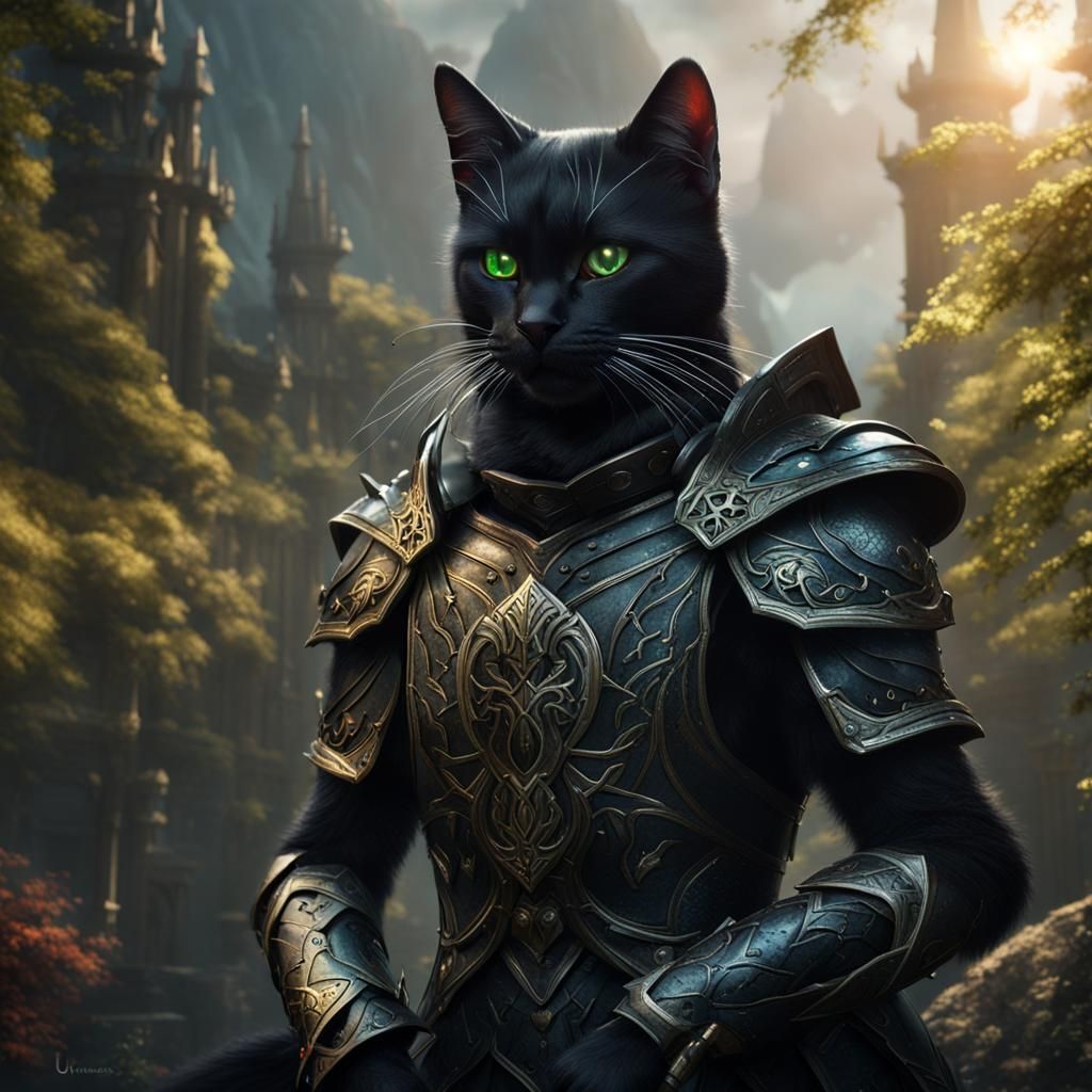 Black Cat in Elven Armor: Fantasy Art