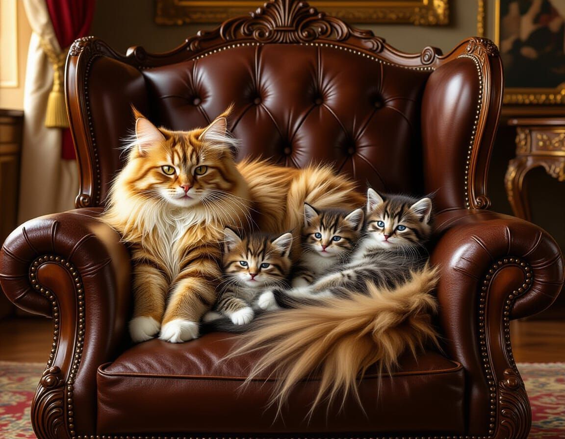 Furry Cat Family on Renaissance Armchair