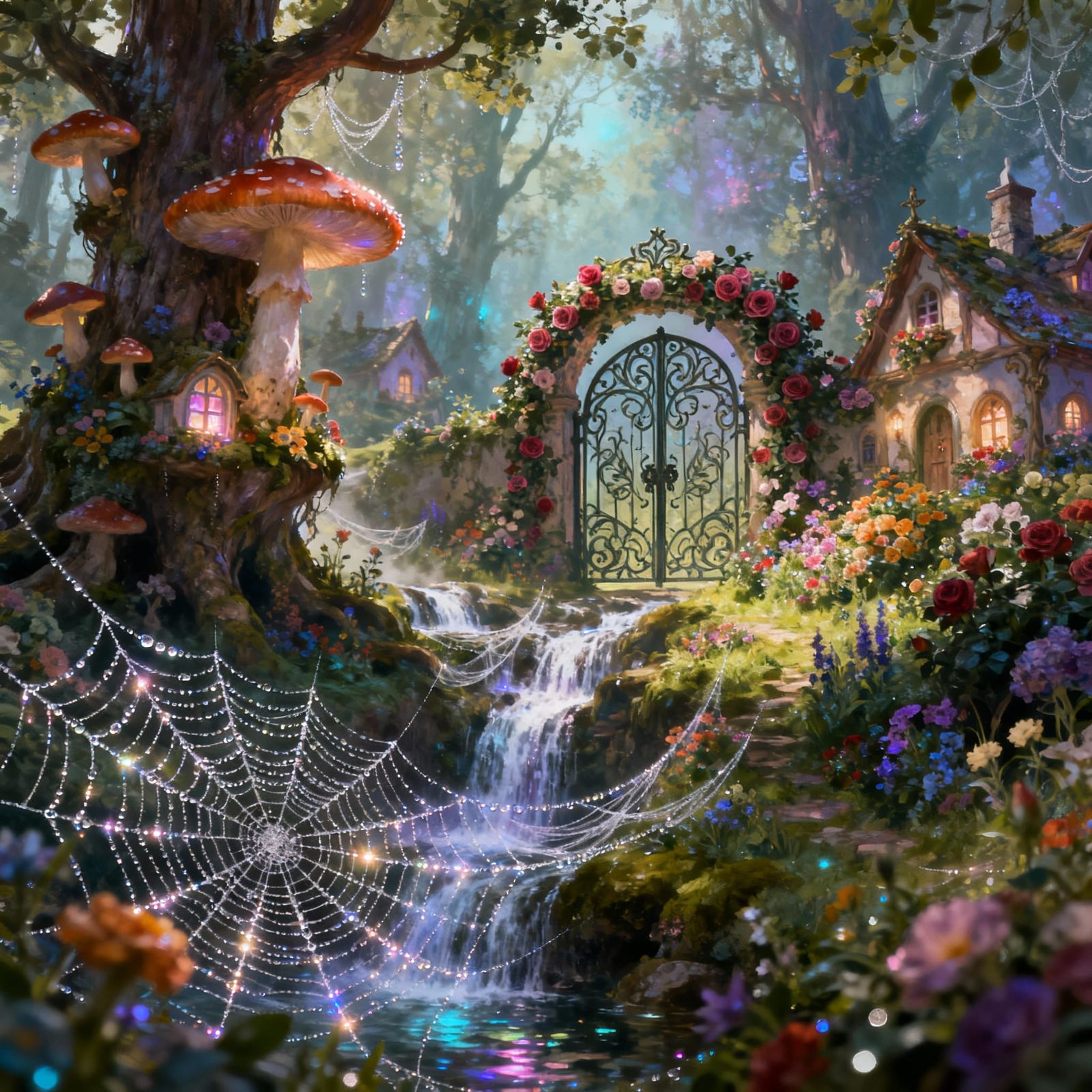 Magical Fairy World in a Dew-Covered Spiderweb