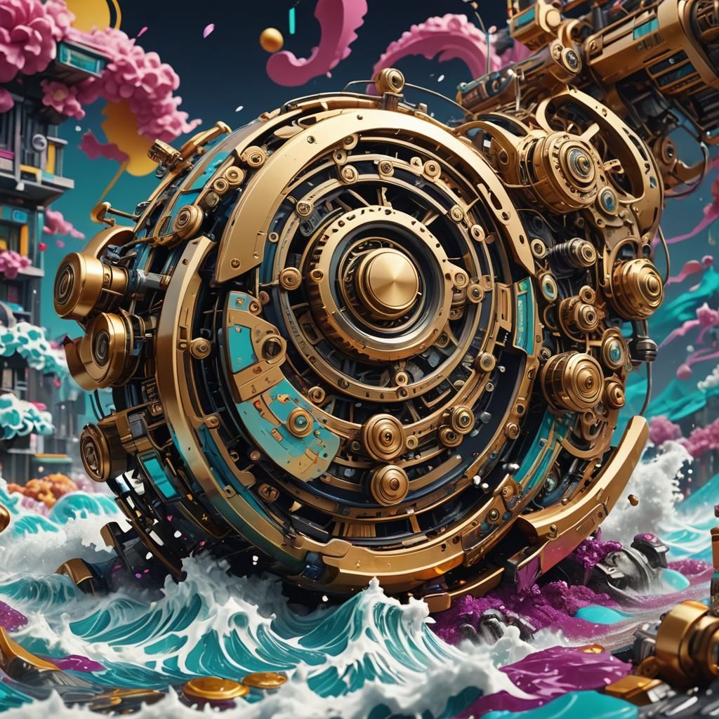 Music Machine on Tsunami Wave in Pop Art Style