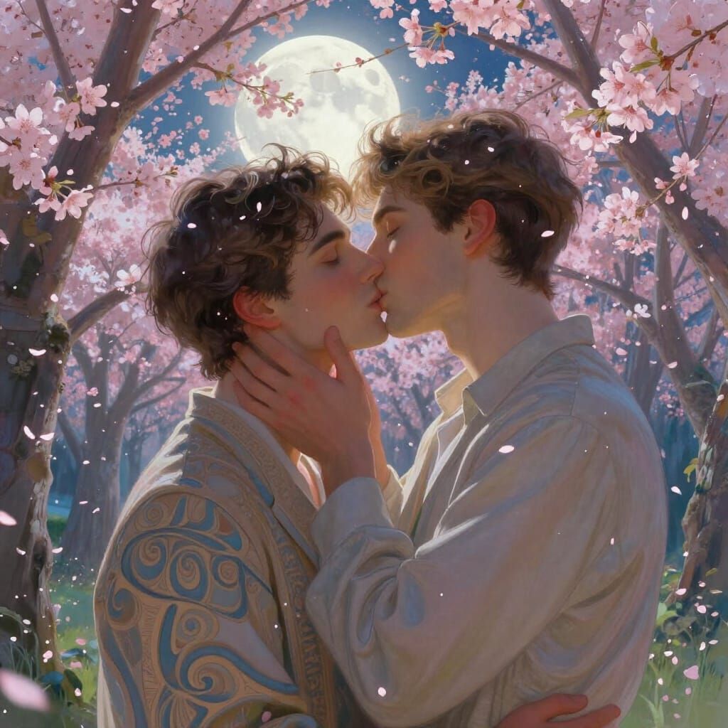 Romantic Kiss in Moonlit Cherry Blossom Grotto