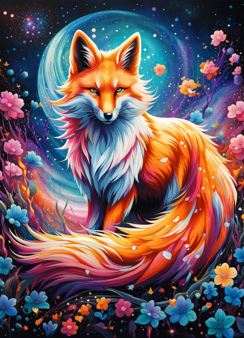 Kitsune with Mysterious Aura in Starry Field