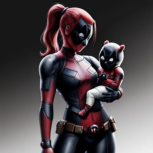 Mother and Baby Deadpool in Anime Style