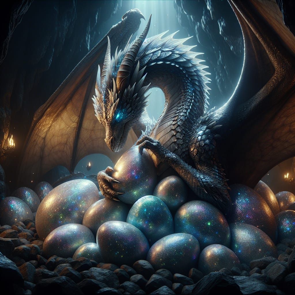 Rainbow Dragon Mother with Silver Eggs in Cave